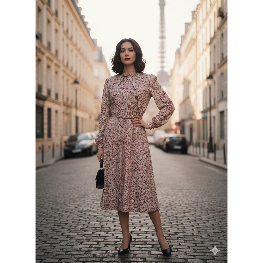 Margaret Selection Paris vintage‎ 80 Floral Print Midi Dress Belted Long Sleeve